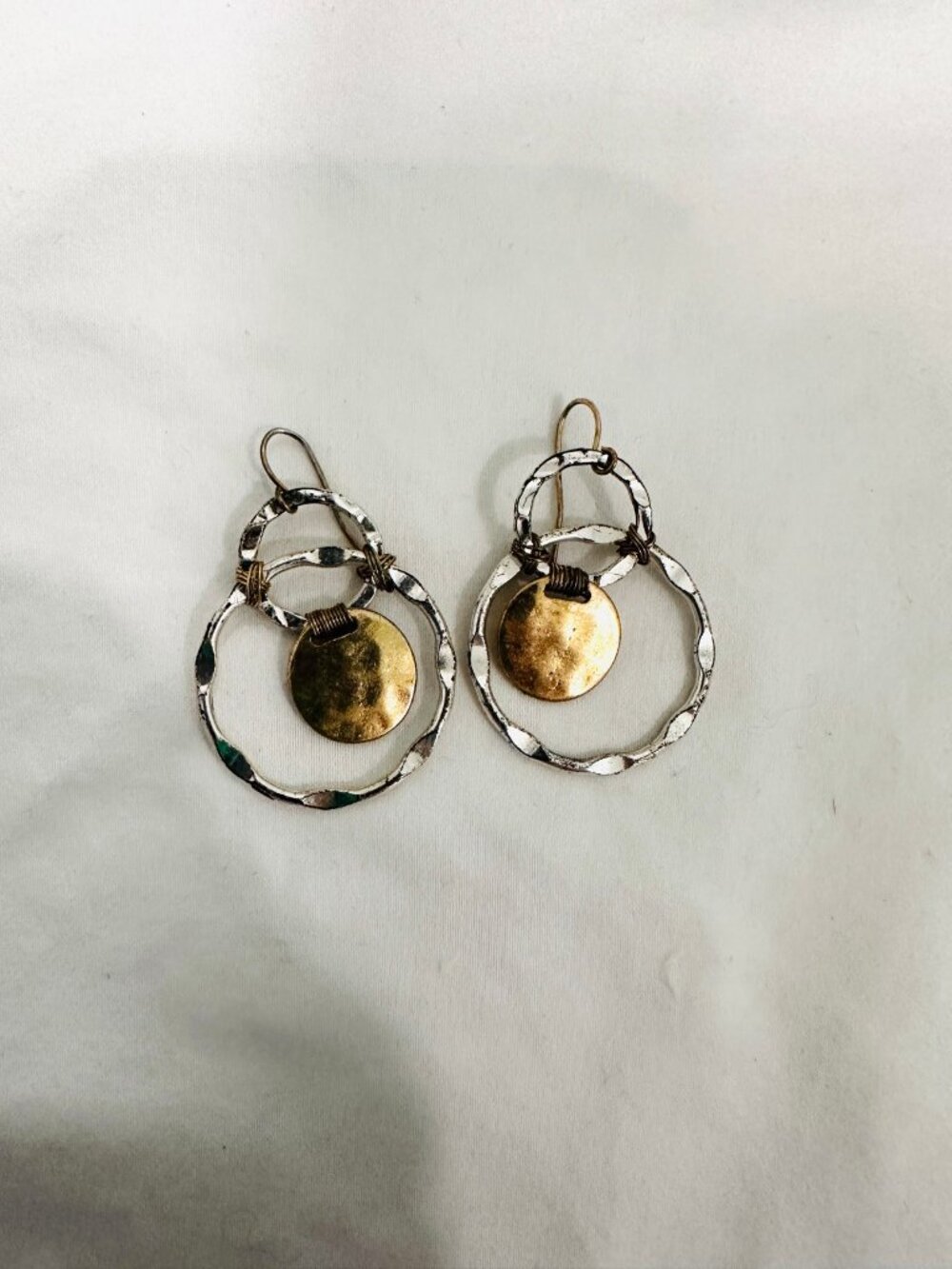 Silver and Gold Color Hammered Hoop Disc Dangle Earrings
